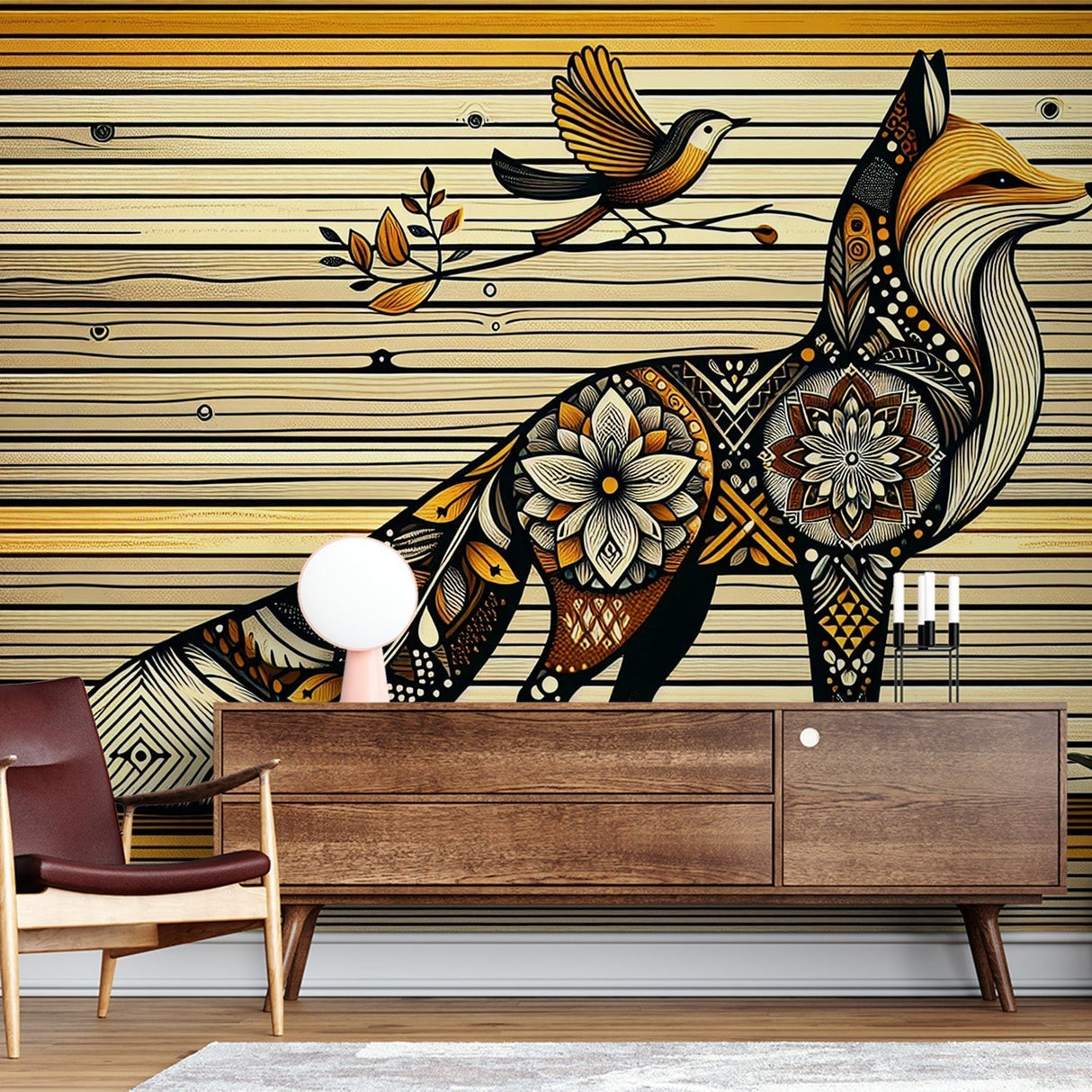 Fox Mandala wallpaper creating a cozy atmosphere in a modern living room with natural light and minimal furniture