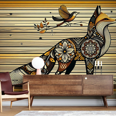 Fox Mandala wallpaper creating a cozy atmosphere in a modern living room with natural light and minimal furniture