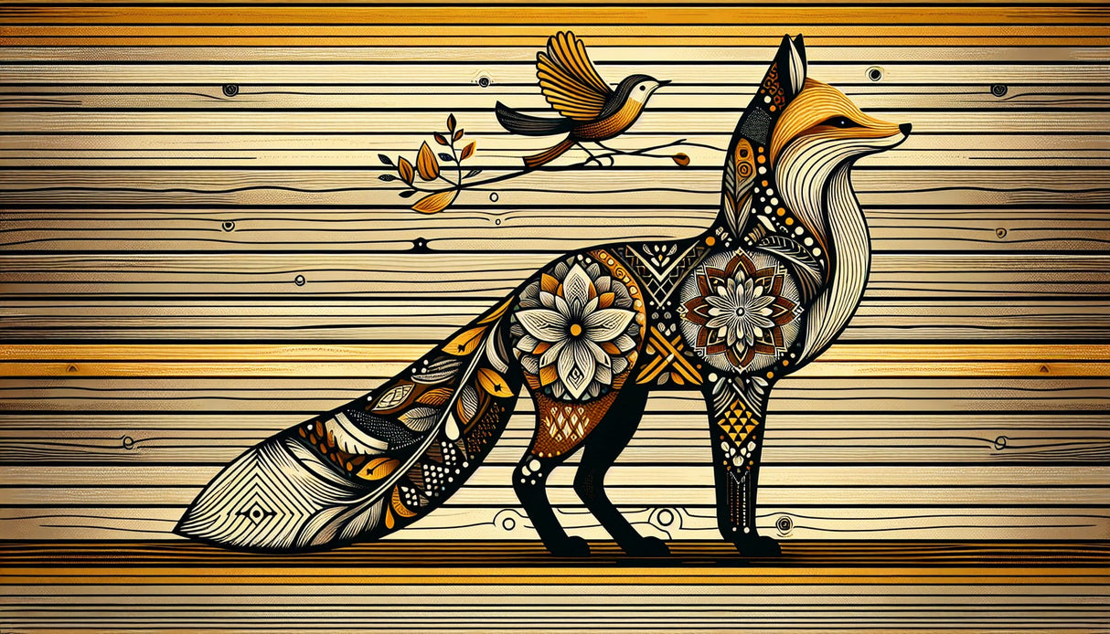 Fox Mandala wallpaper design file showing intricate geometric patterns and golden details on wood texture