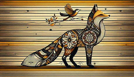 Fox Mandala wallpaper design file showing intricate geometric patterns and golden details on wood texture