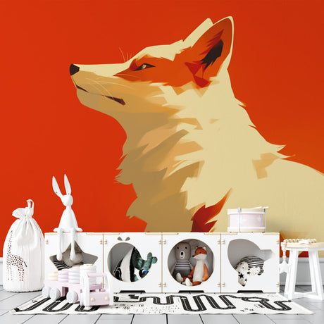 Modern geometric fox wallpaper creating a striking focal point in a minimalist living room with orange accents
