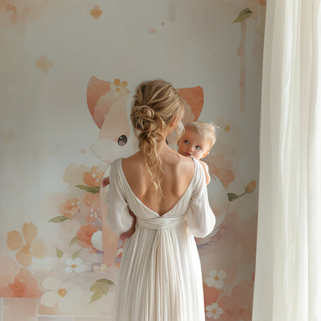 Fox nursery wallpaper in a cozy nursery setting with white crib and gentle lighting
