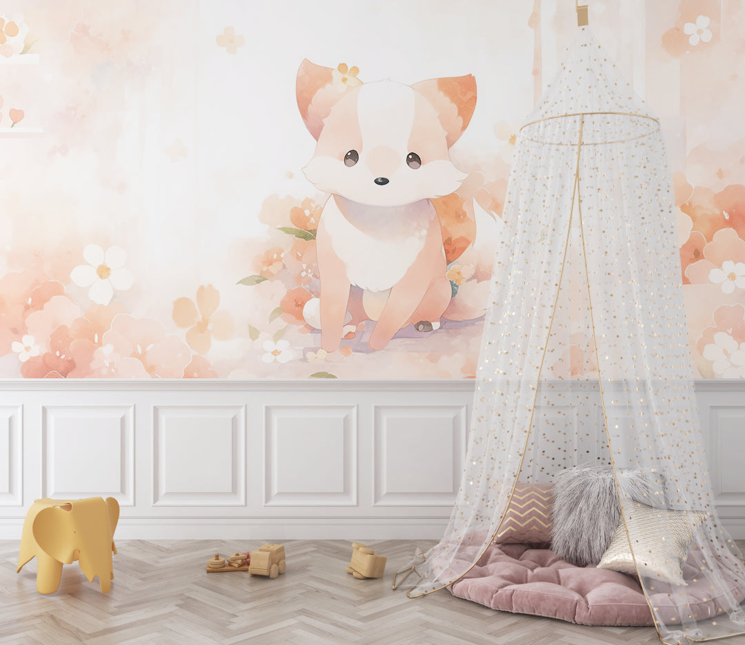 Pastel fox wallpaper creating a sweet reading nook in a baby's room