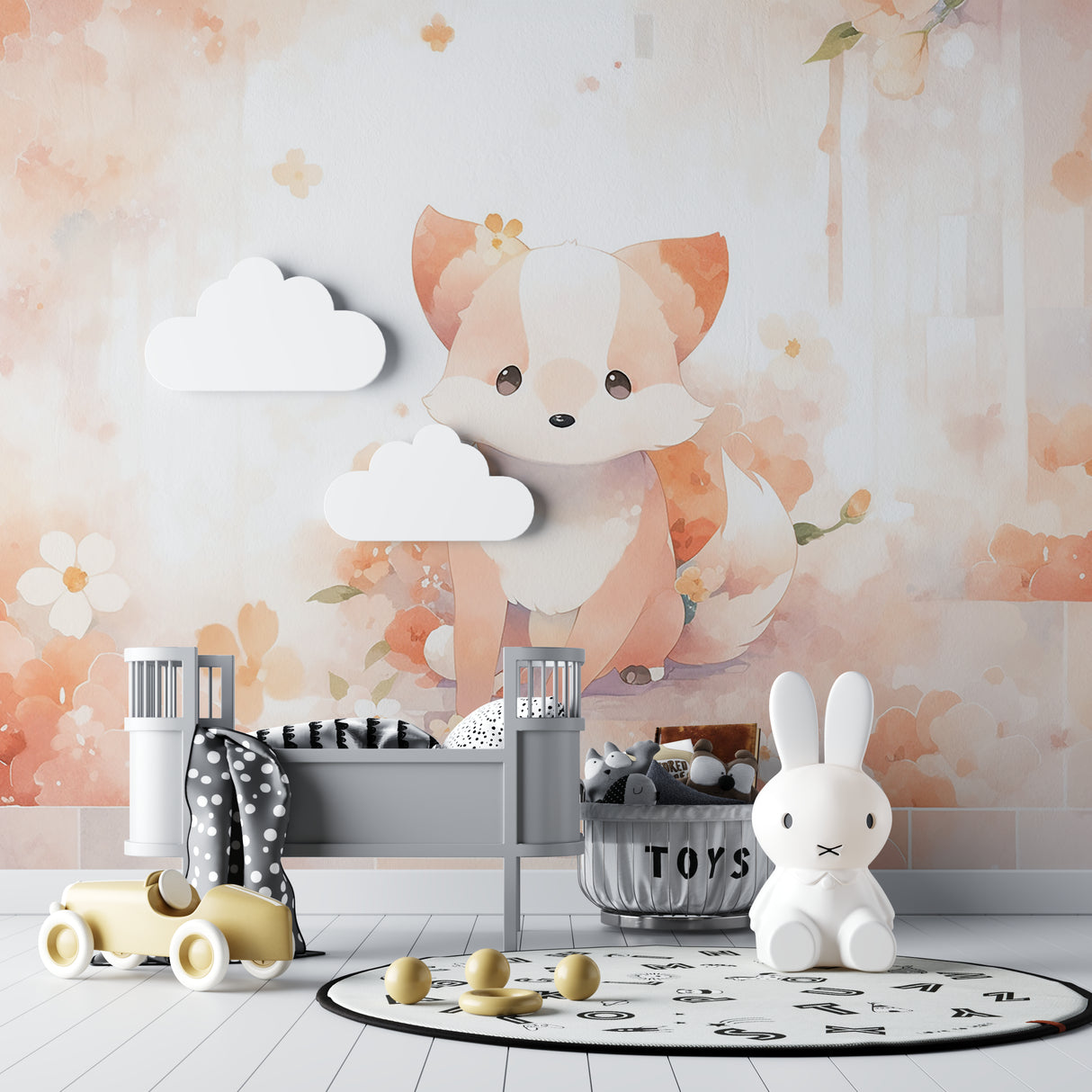 Woodland fox mural in a modern nursery with natural wood furniture