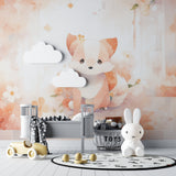 Woodland fox mural in a modern nursery with natural wood furniture