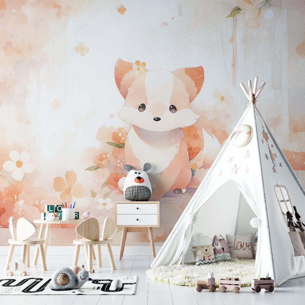 Fox nursery wall mural styled with soft pink and cream nursery accessories