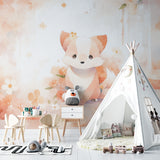 Fox nursery wall mural styled with soft pink and cream nursery accessories