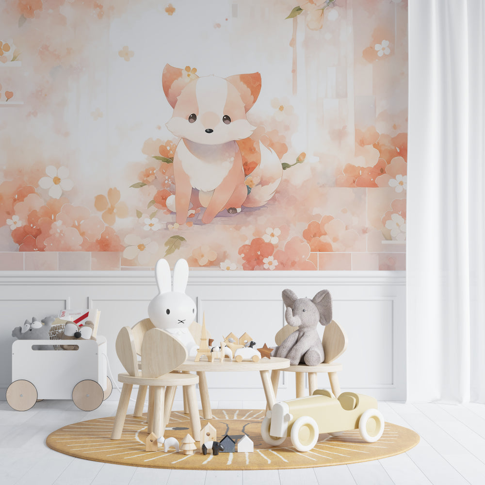 Floral fox wallpaper in a Scandinavian-style children's bedroom