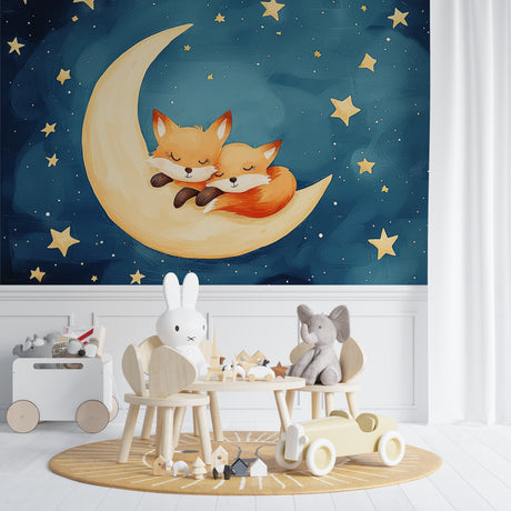 Fox nursery wallpaper creates a dreamy atmosphere in a modern white nursery with soft lighting