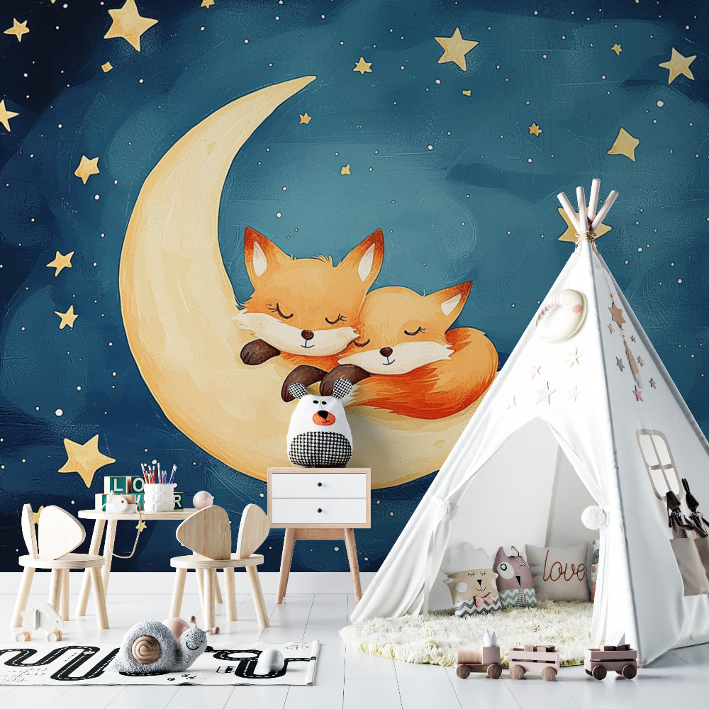 Kids bedroom featuring fox mural wallpaper with moon and stars, styled with wooden furniture