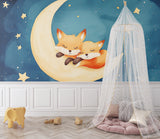 Cozy reading nook with fox and moon wallpaper, showing scale and warm lighting effects