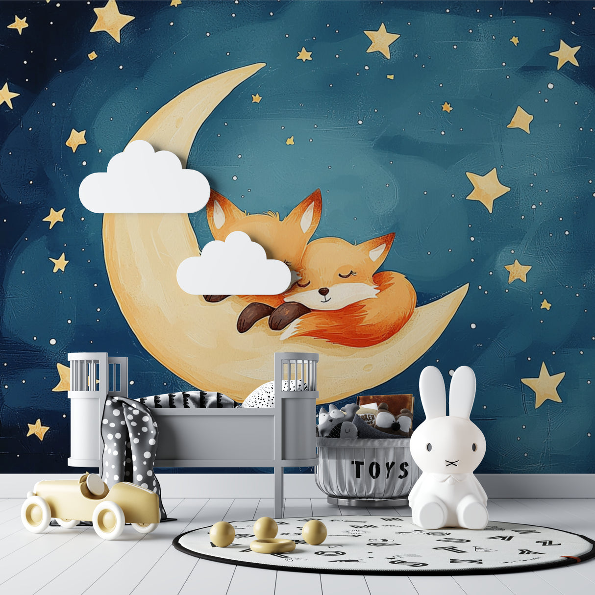 Night sky fox mural wallpaper in modern kids bedroom with minimal decor