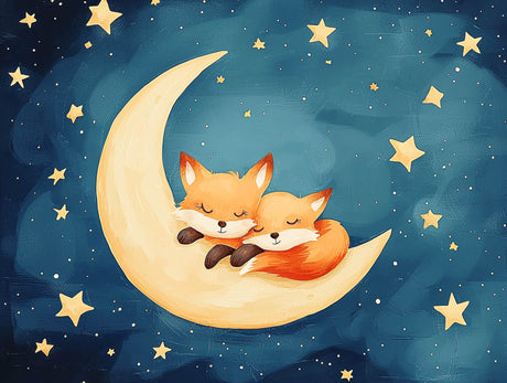 Design file showing detailed fox and moon pattern with golden stars on deep teal background