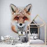 Winter Fox Wallpaper displayed in a cozy Scandinavian living room, creating a peaceful atmosphere with its snowy portrait design