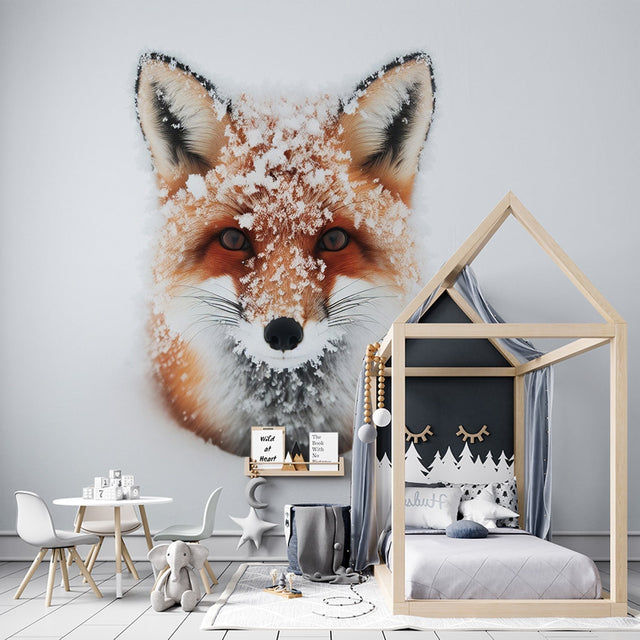 Winter Fox Wallpaper displayed in a cozy Scandinavian living room, creating a peaceful atmosphere with its snowy portrait design