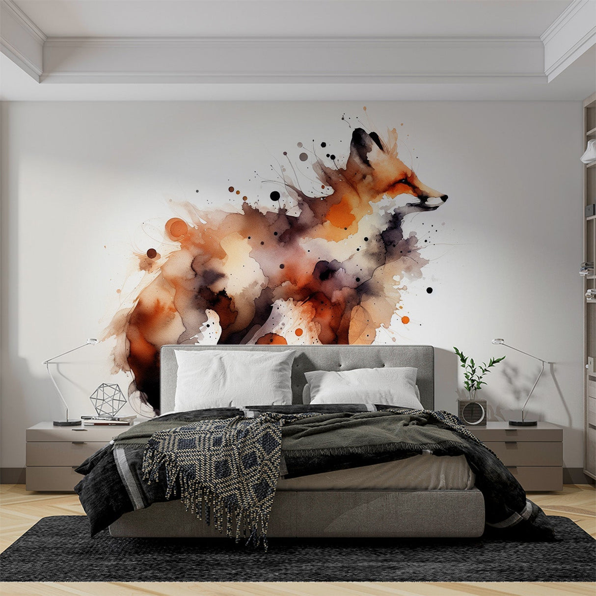 Fox watercolor splash art mural wallpaper creating a stunning focal point in a modern living room with minimal furniture