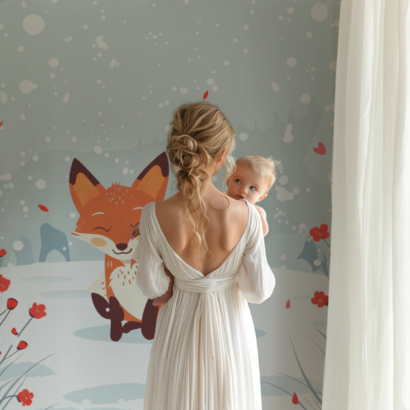 Baby room with fox garden wallpaper creating a sweet bedtime atmosphere