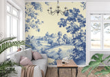 Blue toile wallpaper creating focal point in master bedroom