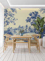 Blue French toile pattern in guest room with natural light