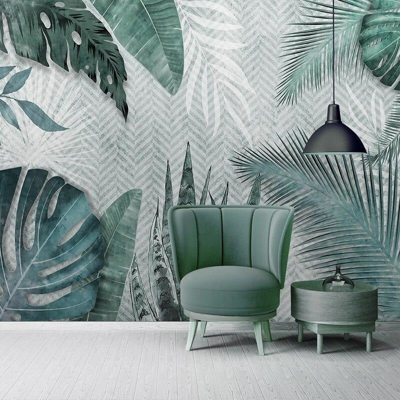 Tropical Mural Wallpaper | Green Monstera and Palm Leaves Pattern