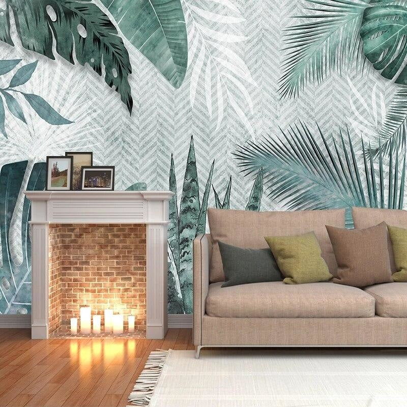 Tropical Mural Wallpaper | Green Monstera and Palm Leaves Pattern