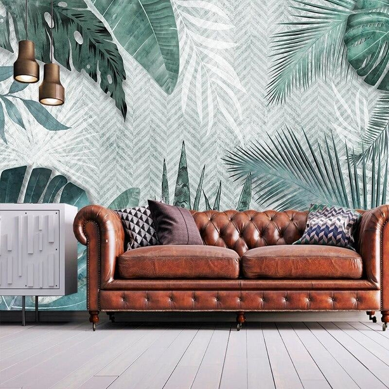 Tropical Mural Wallpaper | Green Monstera and Palm Leaves Pattern