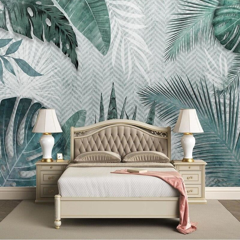Tropical Mural Wallpaper | Green Monstera and Palm Leaves Pattern