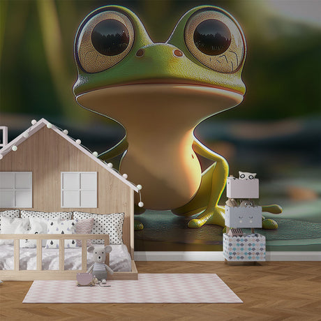 3D Frog Wallpaper creates a playful atmosphere in a bright kids bedroom, with toys and colorful furniture complementing the design