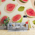 Fresh Fig Pattern Wallpaper creating a bright, modern atmosphere in a stylish kitchen with natural lighting