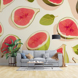 Fresh Fig Pattern Wallpaper creating a bright, modern atmosphere in a stylish kitchen with natural lighting