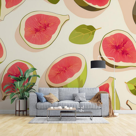 Fresh Fig Pattern Wallpaper creating a bright, modern atmosphere in a stylish kitchen with natural lighting