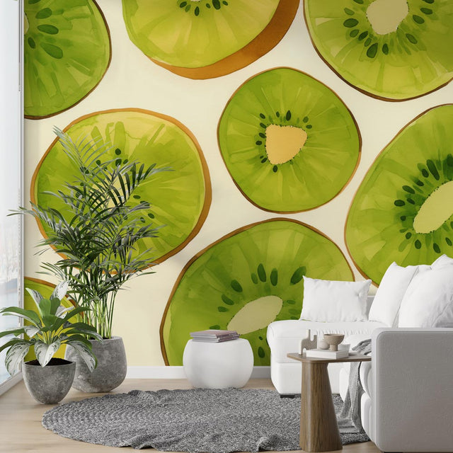 Fresh Kiwi Pattern Wallpaper displayed in a modern white kitchen, bringing vibrant green accents to the dining space