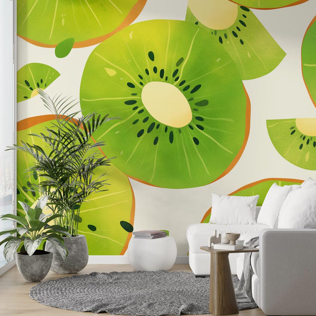 Fresh Kiwi Pattern Wallpaper bringing life to a modern kitchen space with white cabinets and natural lighting