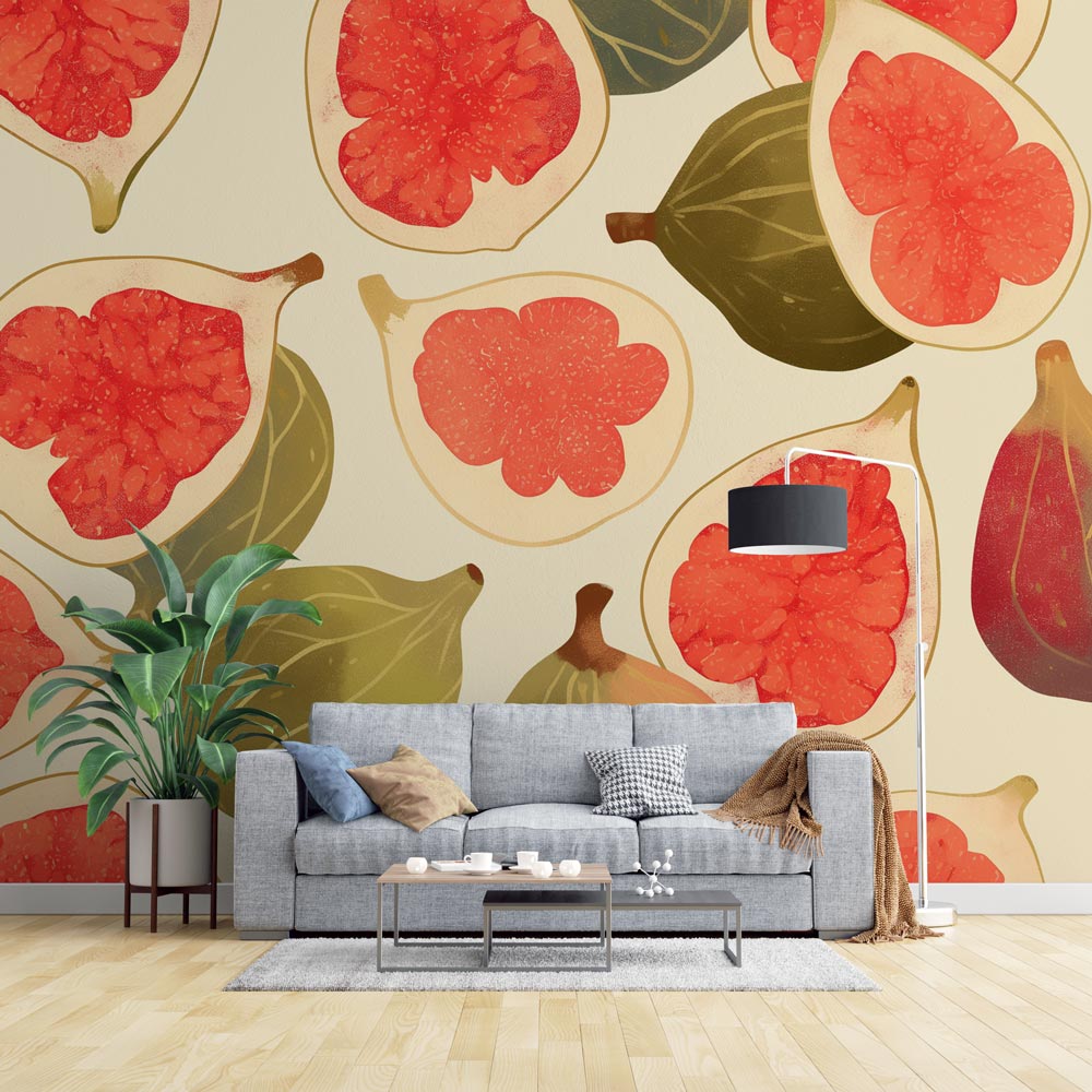 Mediterranean fig wallpaper creating a fresh summer atmosphere in a bright modern kitchen with white cabinets