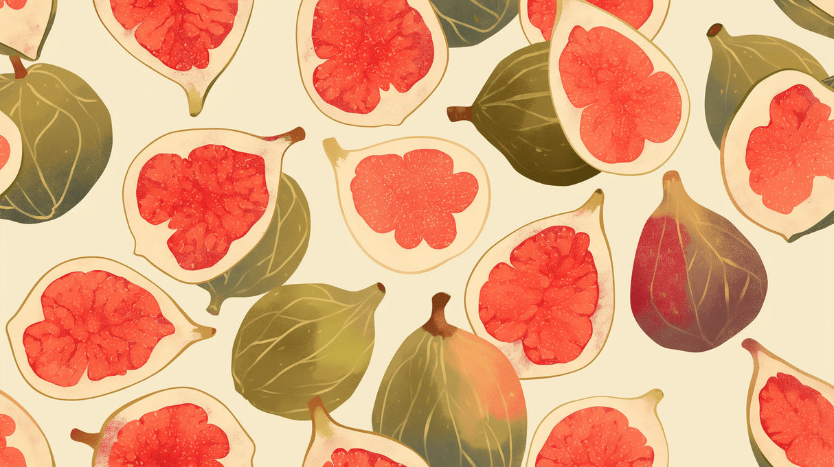 Mediterranean fig wallpaper design file showing detailed fruit pattern with coral-red and olive-green tones