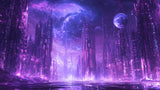 High-resolution design file of purple cyberpunk city with detailed galaxy background pattern