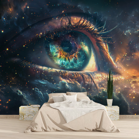 Galaxy Eye Mural Wallpaper creating a stunning focal point in a modern living room with blue accent lighting