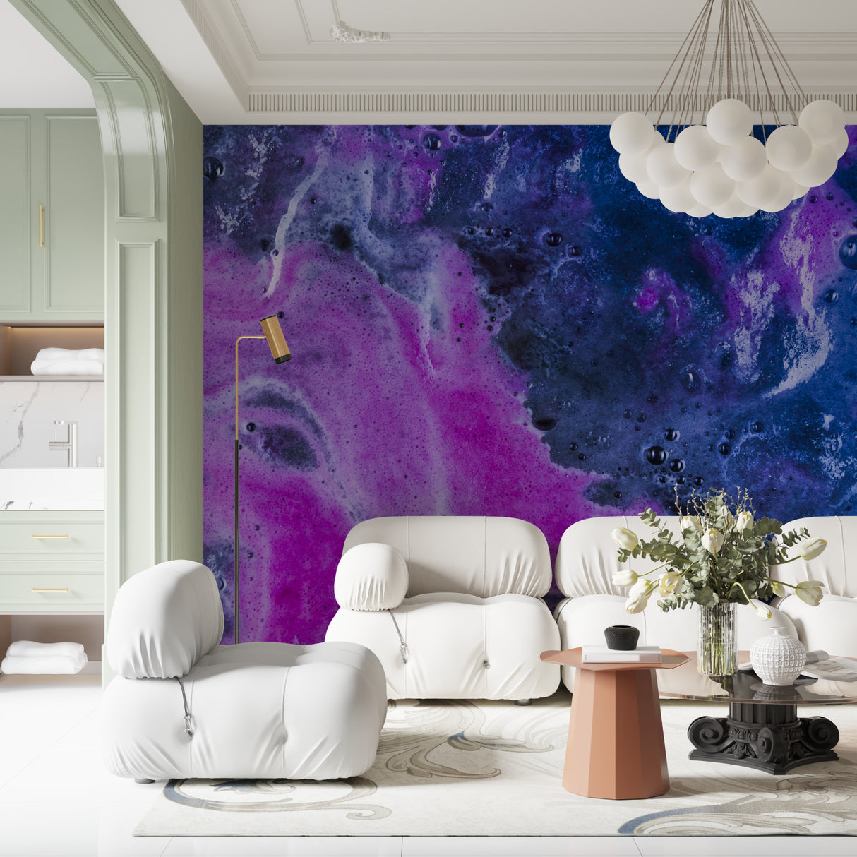 Galaxy wallpaper mural creating a magical atmosphere in a modern bedroom with minimal furniture