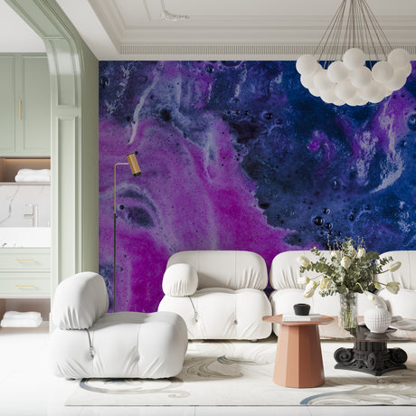 Galaxy wallpaper mural creating a magical atmosphere in a modern bedroom with minimal furniture