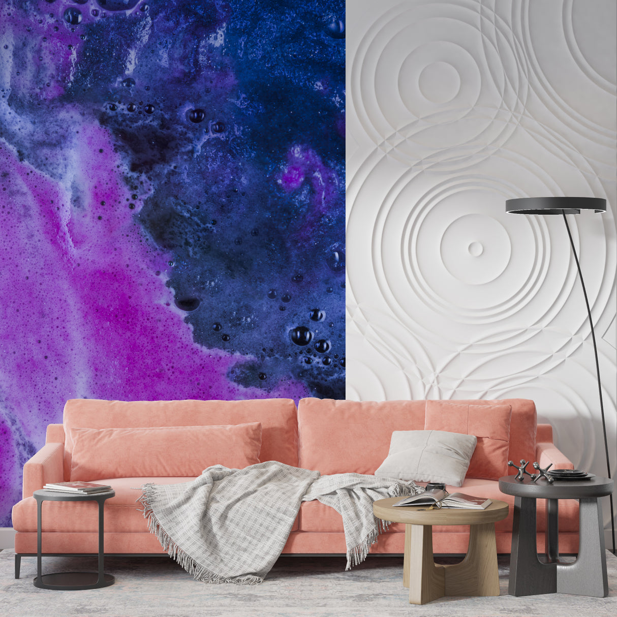 Purple galaxy wall mural showcased in a stylish home office setting