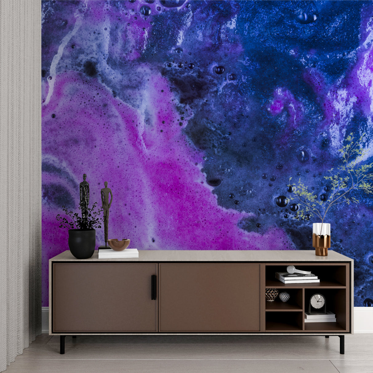 Cosmic wallpaper design bringing drama to a contemporary living room