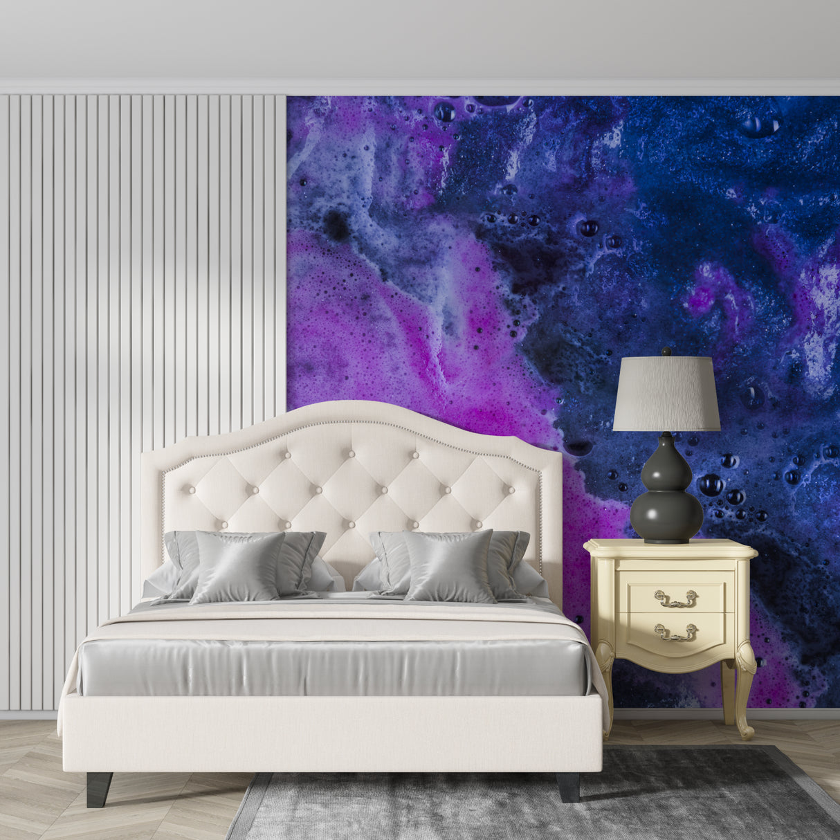 Abstract galaxy mural wallpaper featured in a teen's gaming room