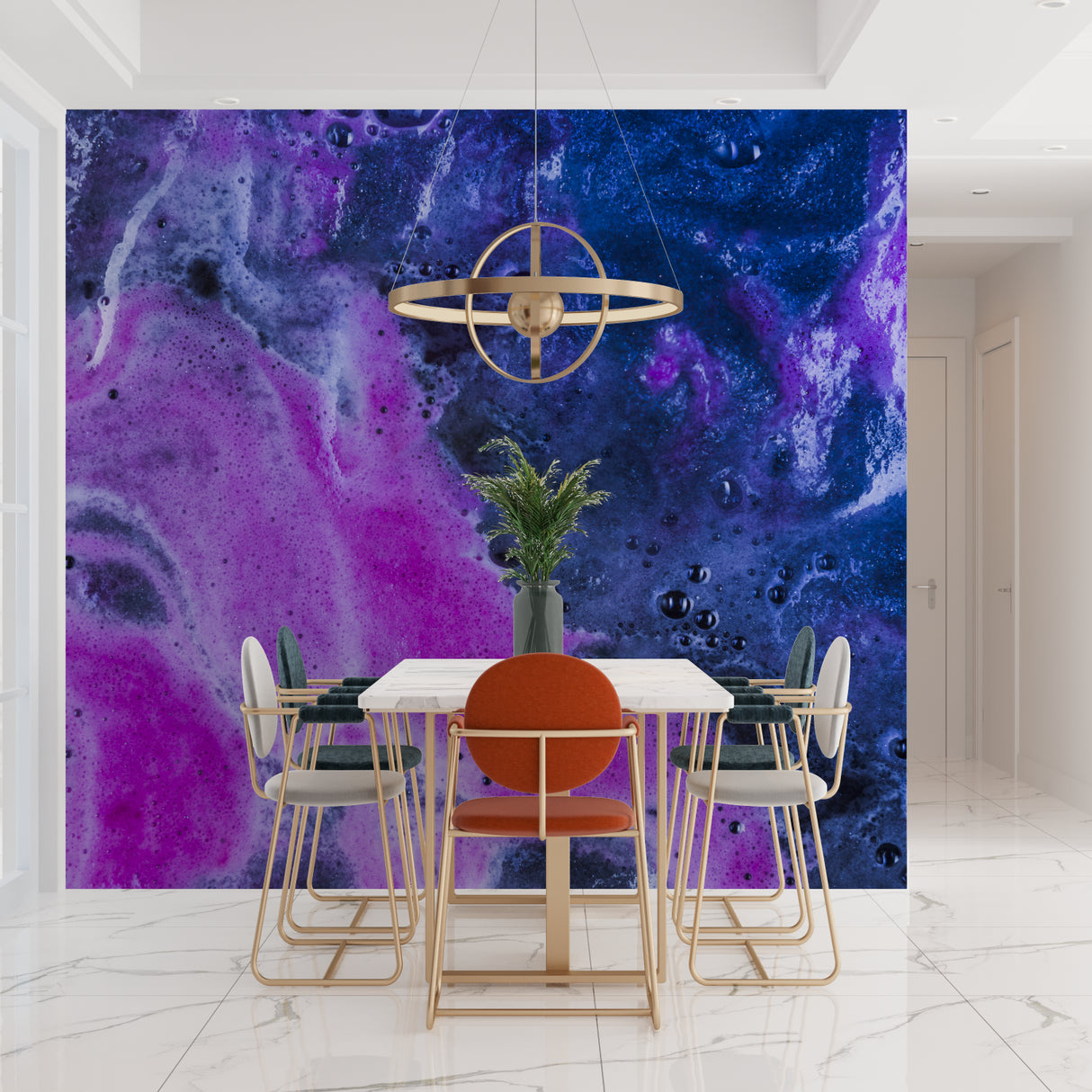 Space-themed wallpaper transforming a meditation room with purple hues