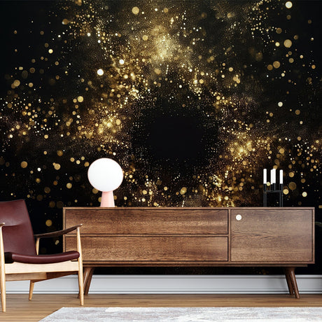 Galaxy wallpaper with gold accents creating a stunning focal point in a modern living room with minimal furniture