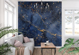Galaxy wallpaper in modern bedroom showing blue and gold cosmic pattern creating a dreamy atmosphere