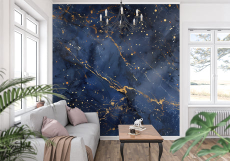 Galaxy wallpaper in modern bedroom showing blue and gold cosmic pattern creating a dreamy atmosphere