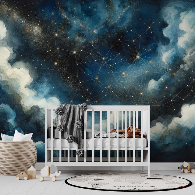 Galaxy constellation wallpaper creating a dreamy atmosphere in a cozy bedroom, with golden stars shimmering against deep blue walls
