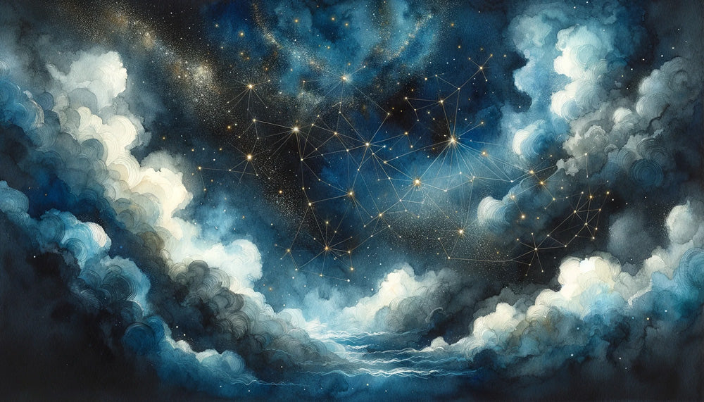 Galaxy wallpaper design file showing detailed constellation pattern with golden stars and ethereal clouds on deep blue background