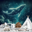 Galaxy constellation wallpaper with whale design creating a magical atmosphere in a cozy kid's bedroom with soft lighting