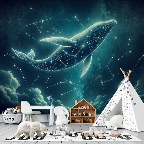 Galaxy constellation wallpaper with whale design creating a magical atmosphere in a cozy kid's bedroom with soft lighting